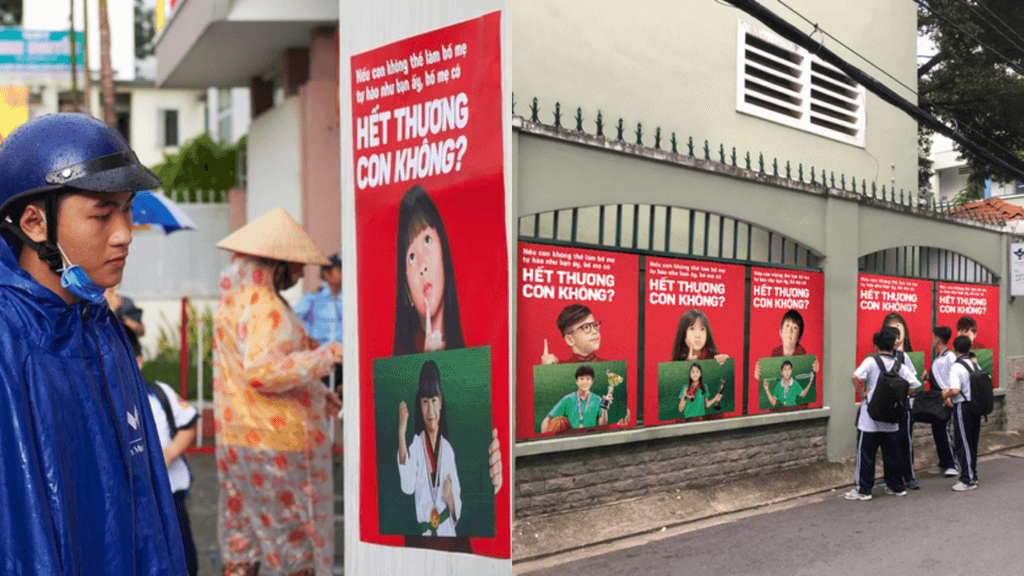 Bộ poster: "Cụ thể, những người nổi tiếng đăng các bài quảng cáo cùng hình ảnh băn khoăn của các cậu bé, cô bé với câu hỏi: "Nếu con không thể làm bố mẹ tự hào như bạn ấy, bố mẹ có hết thương con không?" ở trường học của Ovaltine